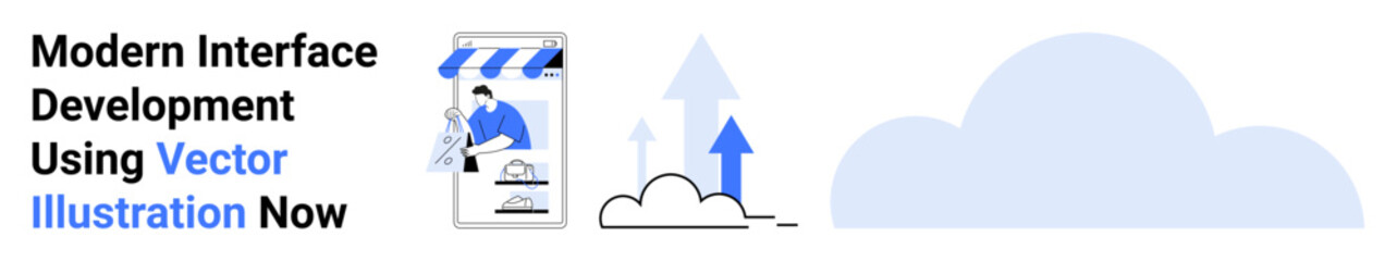 Online store interface next to data cloud and arrow growth symbols suggesting e-commerce development and cloud integration. Ideal for digital commerce, data growth, cloud solutions, marketing, tech