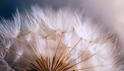Wall Mural - macro close up of delicate dandelion seeds on a light background with professional color grading eth