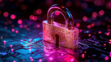Cyber security lock on circuit board, glowing background