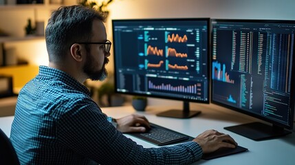 it manager analyzing network performance office graphic content digital environment side view techno