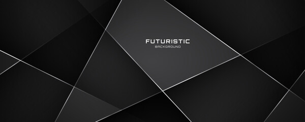 Wall Mural - 3d black abstract background overlap layer on dark space with silver polygonal lines effect decorati