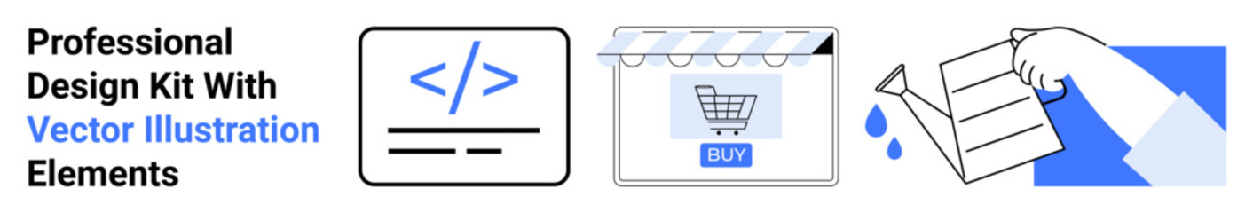 HTML coding symbol, shopping cart under awning, paper being painted and folded. Ideal for technology, e-commerce, web design, online shopping, development, creativity workflow flat landing page