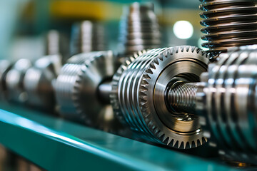 Wall Mural - precision engineered metal gears and shafts arranged on a surface showcasing mechanical components. 