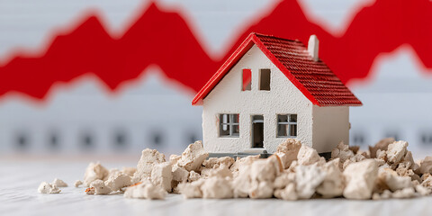 Fototapete - Housing market downturn symbolized by a miniature house amidst rubble, set against a backdrop of a declining red graph, depicting economic challenges.