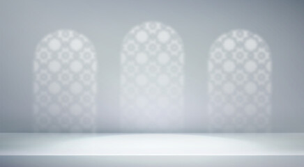 Abstract islamic grey empty studio room. Light Ramadan background shadow muslim arabesque ornament . 3d gradient backdrop light arabic arch window texture. Product presentation. Vector illustration