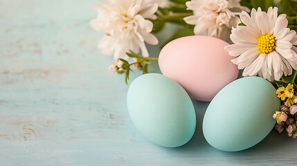 Canvas Print - Pastel Easter eggs, flowers, spring; greeting card.