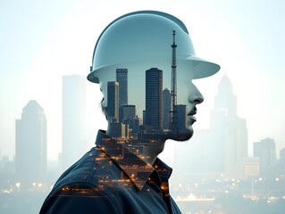 Poster - Person with a Houston cityscape oil rig and hard hat overlay symbolizing industrial city lifestyle in double exposure with copy space concept as A person intertwined with the Hous Clean