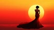 © Andrii - Elegant Silhouette in Red Dress Against Vibrant Sunset Background