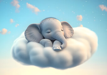 Wall Mural - a cute little baby elephant sleeps on a cloud. children's book illustration on a sky background, ai 