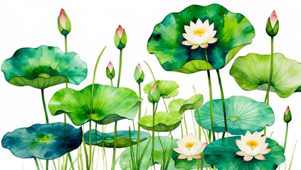 Wall Mural - Watercolor Painting of Lotus Flowers and Lily Pads