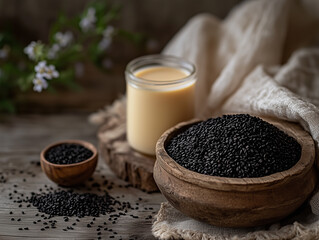 Wall Mural - Black Sesame Seeds with Sesame Milk in Rustic Setting