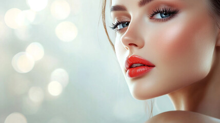 Wall Mural - Woman with red lipstick and blue eyes stands in front of a white background. Concept of beauty and confidence, as the woman's makeup enhances her natural features