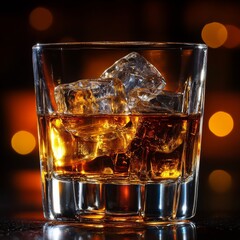 Leinwandbilder - A Glass of Whiskey on the Rocks in a Dimly Lit Bar, with a Warm, Inviting Glow Coming from the Background
