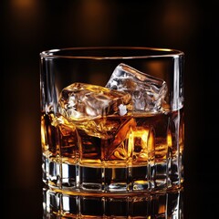 Leinwandbilder - A Golden Elixir: Whiskey on the Rocks in a Textured Glass, Reflecting Light Against a Dark Background.