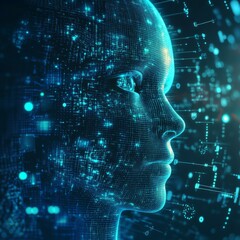 Fototapete - Artificial Intelligence: A Digital Face with Connecting Nodes, Representing Technology and the Future of AI