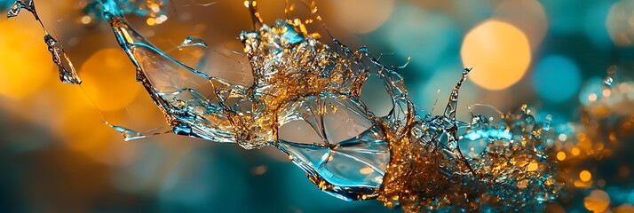 Abstract macro of cracked glass surface intricate patterns highlighted by reflective lighting creating a dramatic and artistic effect