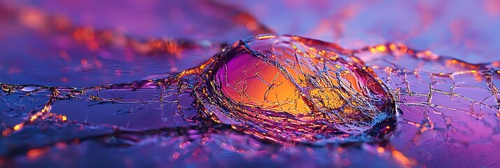 Abstract macro of cracked glass surface intricate patterns highlighted by reflective lighting creating a dramatic and artistic effect