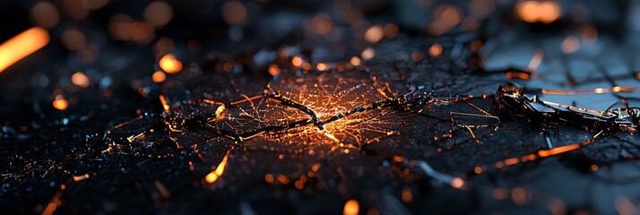 Abstract macro of cracked glass surface intricate patterns highlighted by reflective lighting creating a dramatic and artistic effect