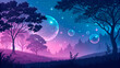 © VerraDesigns - Enchanted Forest Under A Starry Sky With Glowing Planets And Floating Lights. Cosmic Dreamscape Blending Nature And Space. Concept Of Mystery, Magic, And Infinite Exploration.