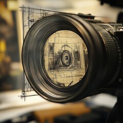 Poster - Through the Lens: A Macro View of a Sketch, Camera Lens Focusing on Artistic Detail, Blurring the Lines Between Reality and Creation