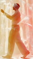 Poster - Elegant silhouette of a person walking through colorful drapes