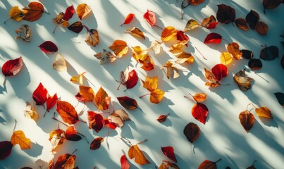 Wall Mural - artistic flat lay of colorful autumn leaves scattered across a clean white surface, vibrant hues and
