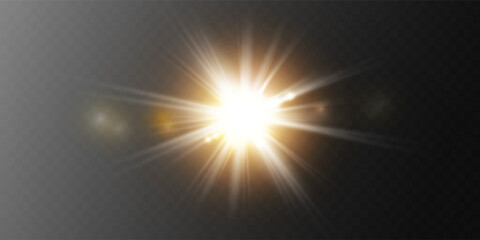 Wall Mural - bright sun shines with warm rays, vector illustration glow gold star on a transparent background. fl