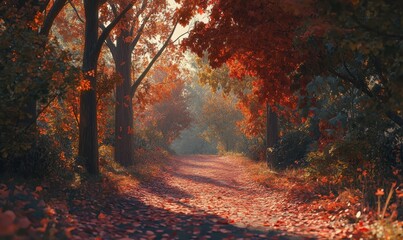 Wall Mural - autumn park trail covered in vibrant red and orange leaves, sunlight filtering through the trees cre