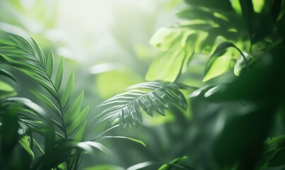 Wall Mural - Bright green tropical leaves overlapping each other under soft natural light, creating a lush and vibrant botanical aesthetic