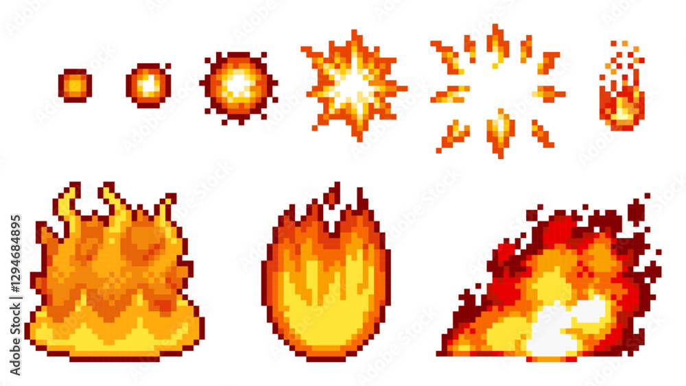 Set of fire and explosion effects in retro 8-bit gaming pixel art style ...