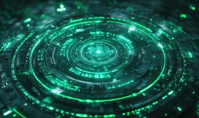 Wall Mural - high-tech glowing particles in a circular green pattern, resembling futuristic digital technology an