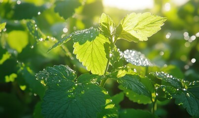 Wall Mural - Macro shot of fresh raindrops on vibrant green leaves illuminated by soft sunlight emphasizing their natural freshness and texture