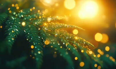 Wall Mural - Macro shot of vibrant green fern leaves with dewdrops reflecting golden morning light, creating a serene and refreshing natural vibe
