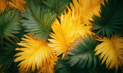 Macro shot of vibrant yellow and green tropical leaves illuminated by golden sunlight highlighting their natural texture and vibrancy