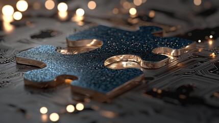 Glowing digital puzzle pieces interlock seamlessly, set against a futuristic blue abstract background that represents API integration and connectivity