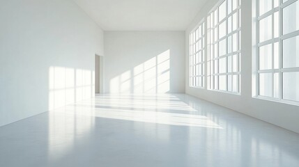  Bright and airy modern interior with large windows casting soft shadows.