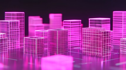 Futuristic city skyline with glowing pink grid buildings, reflecting in a dark background