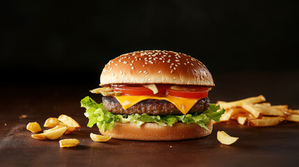 Wall Mural - Gourmet cheeseburger on sesame bun with lettuce, tomato, and fries