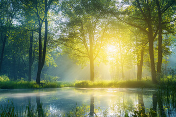 Wall Mural - Serene forest pond illuminated by morning sunlight filtering through lush green trees, creating a tranquil and ethereal atmosphere.