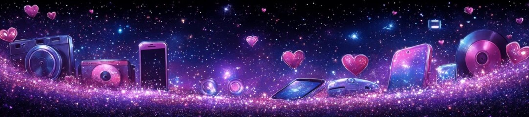 A sparkling purple galaxy background with nostalgic 2000s tech icons surrounded by hearts. Generative AI