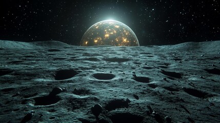 Wall Mural - The Moon's Surface and a Glowing Planet in the Distant Horizon. Generative AI