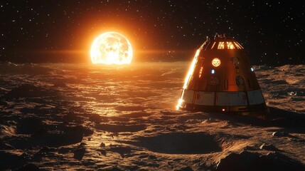 Wall Mural - Space Capsule on the Moon's Surface as a Sun Rises in the Distance. Generative AI