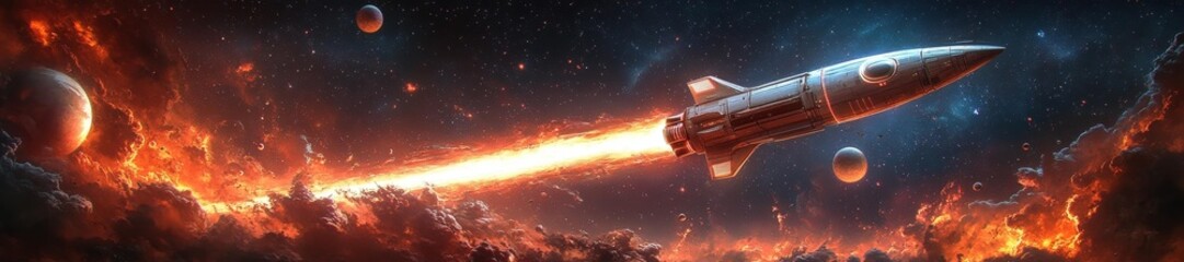Wall Mural - A Retro-Futuristic Rocket Launching Into Space with Bright Flames and Planets in the Background. Generative AI