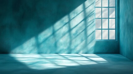 Fototapete - Bright sunlight filters in through a window, creating a mesmerizing play of shadows on the cool turquoise floor, enhancing the serene ambiance of the space