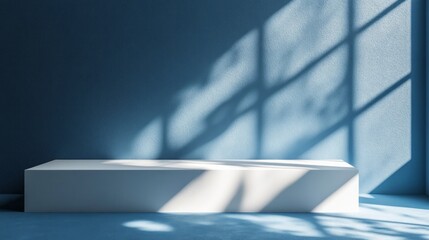 Fototapete - Morning light spills through a large window, casting gentle shadows on a simple white bench. The calm blue walls create a soothing atmosphere, enhancing the peaceful ambiance of the space