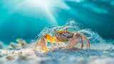 Small Crab Entangled in Plastic Debris on Sandy Ocean Floor Highlighting Environmental Impact on Marine Life. Concept of Marine Pollution, Ocean Conservation, Environmental Awareness, Aquatic Life