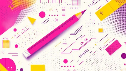 A computer screen displays a web page, accompanied by a pencil, ruler, and plant, hinting at planning and creativity. The design features vibrant icons and text boxes