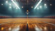 © maxximmm - An old basketball court. A basketball court with empty seats and a basketball in it. Horizontal panoramic wallpaper copy space. A vintage basketball court lifestyle.