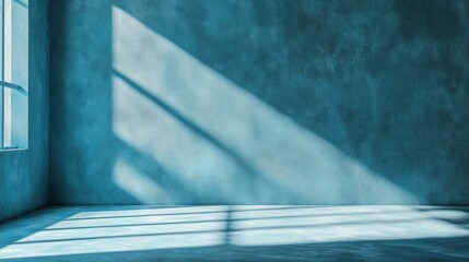 Fototapete - Soft beams of sunlight filter through large windows in a serene room painted in captivating turquoise. The play of light creates striking patterns on the smooth floor, evoking calmness and creativity