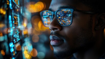 Analyst reviewing data, night city background